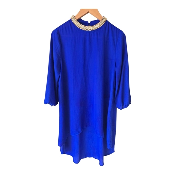 Moa Moa Royal Blue Tunic Sz M Women Embellished Collar Hi-Low Coastal - Picture 1 of 11